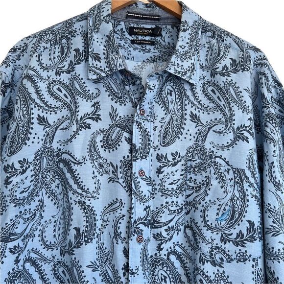 Nautica Blue Paisley Linen + Cotton Blend Long Sleeve Button Down Shirt Trimmer - Picture 3 of 6